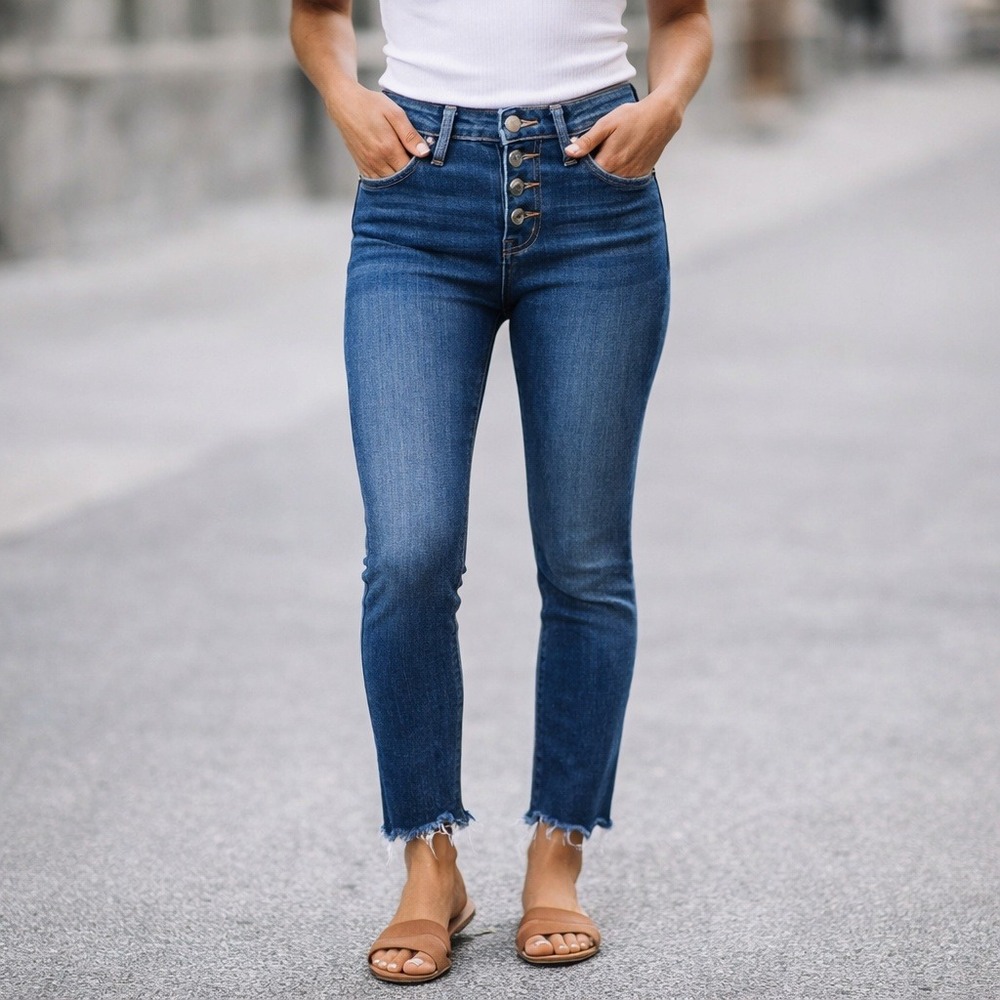 Madewell Skinny Jeans Womens 24 Mid Rise Button Fly Raw Hem Blue M2236